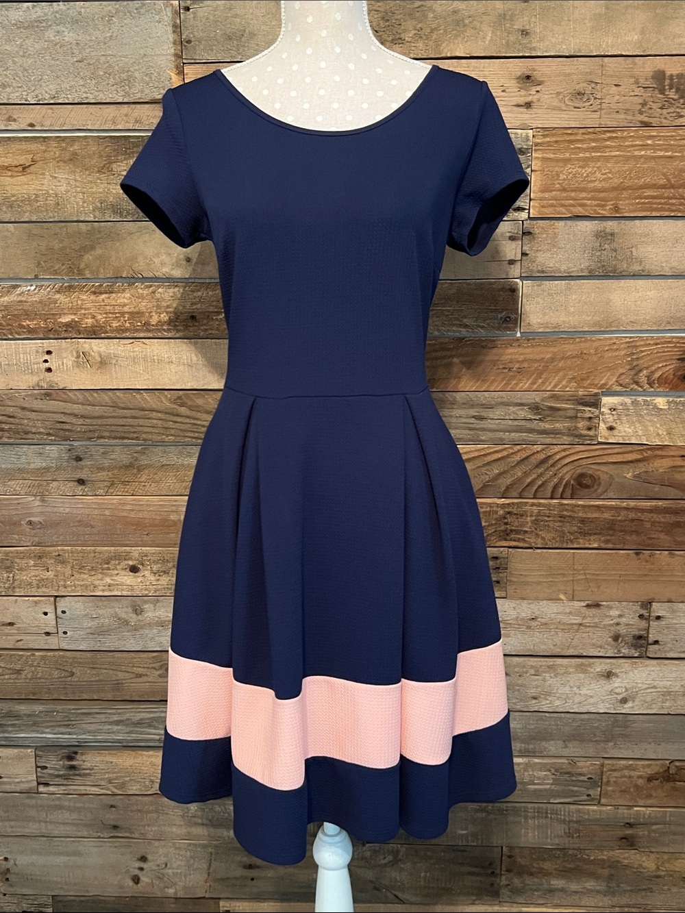 Navy and Blush Pink Fit & Flare Midi Dress